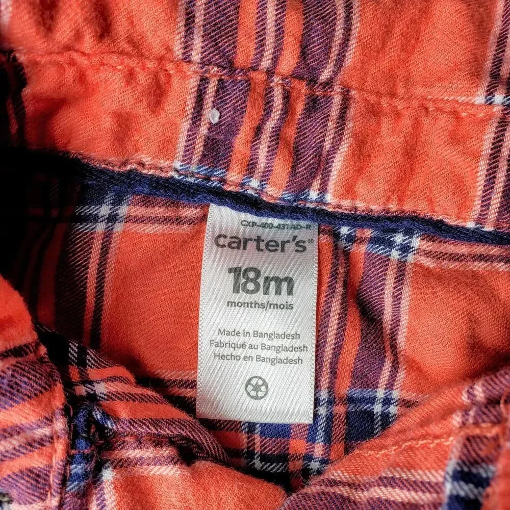 Carter's Baby Toddler Boy Coral Orange and Blue Plaid Flannel Size 18m NWOT